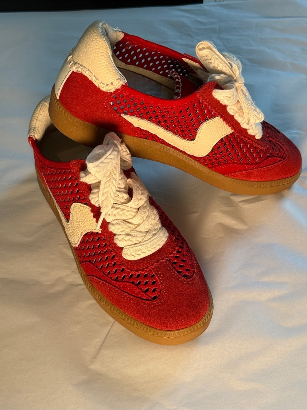 Dolce Vita Merit Perforated Red Suede Sneaker with Cream Accents - Picture 4 of 10